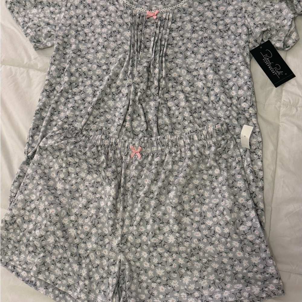 Gray Floral Pajama Set with Pink Accents